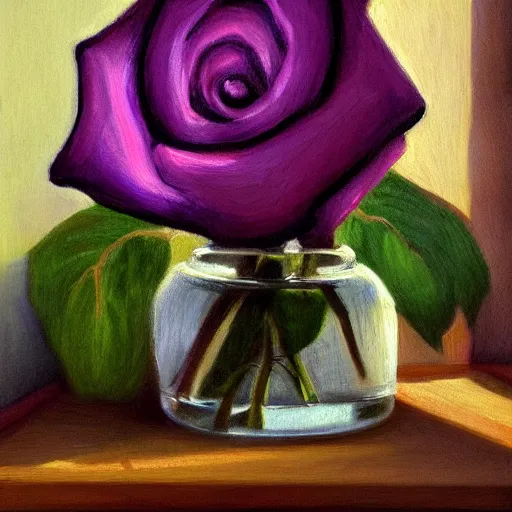 Image similar to A painting of a rose in a vase on a windowsill, with natural light streaming in from the window. The violet is also included in the composition. The painting has an impressionistic style, with soft, blurry lines and muted colors., trending on artstation