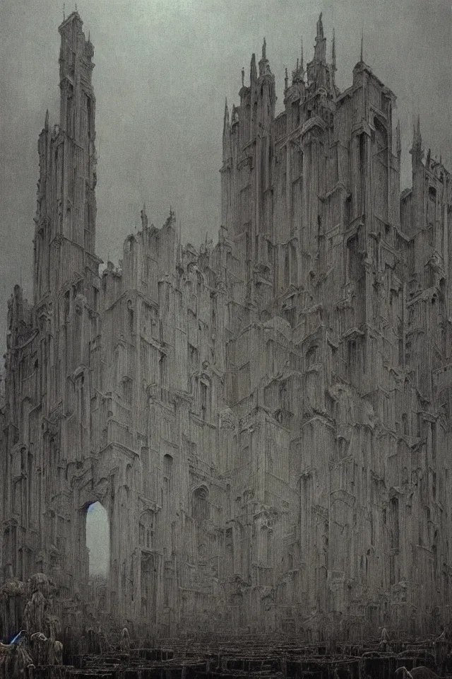 Prompt: painting of an colossal ominous morbid cathedral, high level of details, by Beksinski,