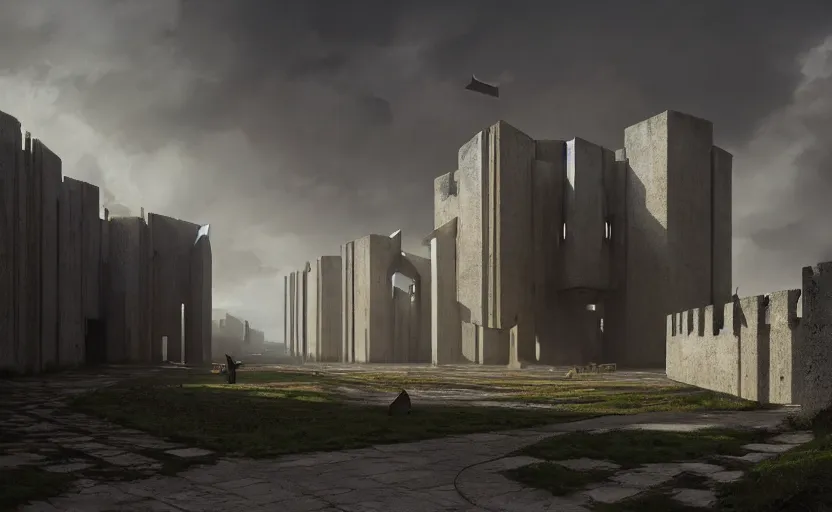 Image similar to exterior shot of utopian english brutalist medieval stronghold architecture with cinematic lighting by zaha hadid peter zumthor and renzo piano and, darek zabrocki and greg ruthkowski, simon stalenhag, cinematic, holy place, paradise, scifi, futurism, atmospheric, concept art, artstation, trending on artstation