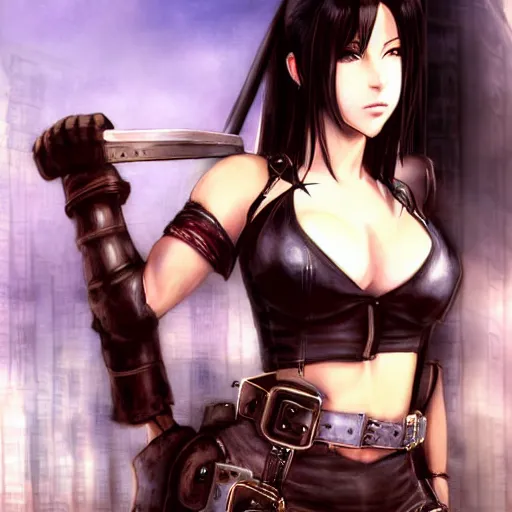 Image similar to painted conceptual art of tifa lockhart from from final fantasy 7 in her signature outfit with the steam punk city midgard as backdrop, by master artist yoshitaka amano