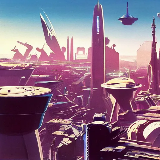 Image similar to aerial view of a science-fiction cityscape, cinematic angle, cinematic lighting, blue sky, sun in the sky, by Syd Mead, John Harris, Federico Pelat