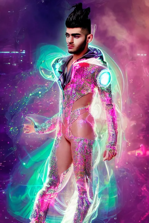 Prompt: full-body rococo and cyberpunk delicate crystalline sculpture of attractive muscular iridescent Zayn Malik as a humanoid deity wearing a thin see-through plastic hooded cloak sim roupa, posing like a superhero, glowing pink face, crown of white lasers, large diamonds, swirling black silk fabric. futuristic elements. oozing glowing liquid, full-length view. space robots. human skulls. throne made of bones, intricate artwork by caravaggio. Trending on artstation, octane render, cinematic lighting from the right, hyper realism, octane render, 8k, depth of field, 3D