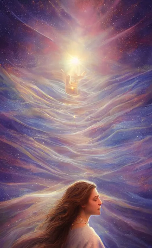 Image similar to peaceful uncertainty of saying goodbye, crossing over the spiritual veil to heaven, sharp focus, intricate, elegant, digital painting, artstation, matte, highly detailed, concept art, illustration, volumetric lighting, gold and blue and pink color scheme, bokeh light, art by greg olsen and liz lemon swindle