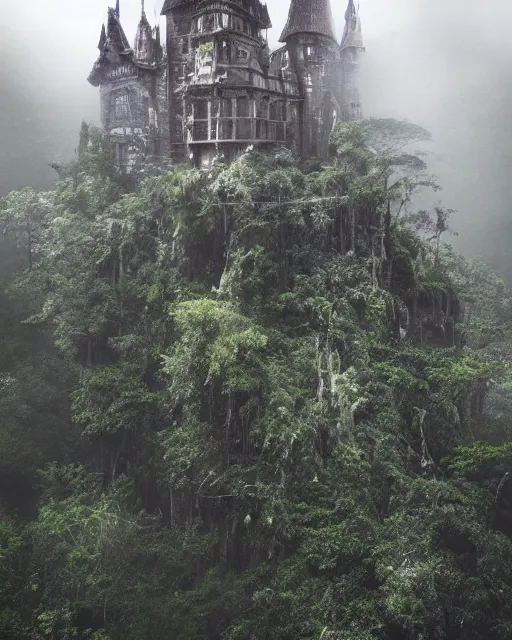 Prompt: photo of a beautiful heavenly castle built with sticks and stones in the deep jungle, misty godrays
