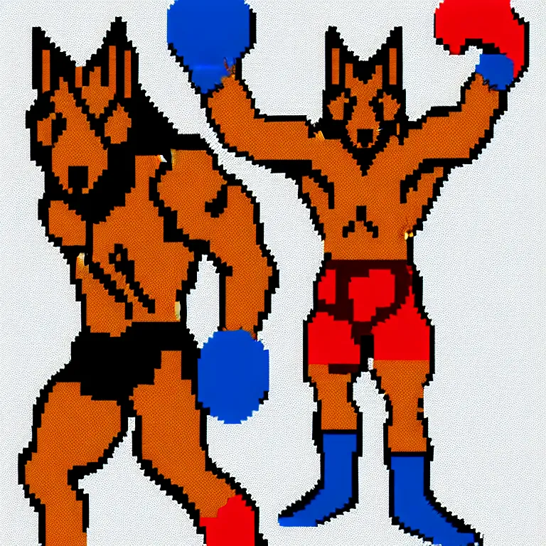 Prompt: full body portrait. 8 bit nes graphics. antropomorphic muscular masculine wolf. kickboxer fighter, in shorts. wolf head. furr on body. red, black, yellow, blue, magenta, pink colors