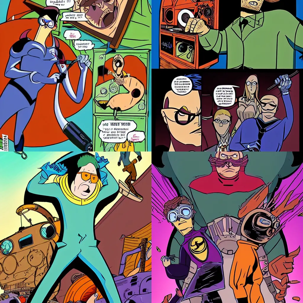 Prompt: Rusty Venture becoming a super villain and arching The Blue Morpho, Venture Brothers, style of titmouse animation, 2020