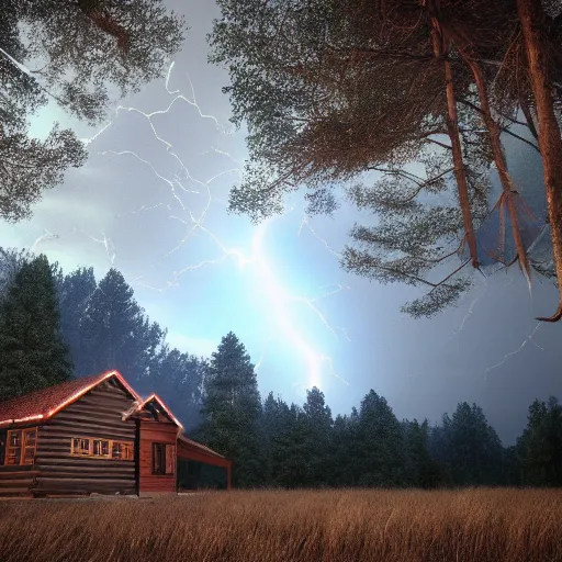 Image similar to a ultra realistic blue lightning arc over a cabin in the wood, by night. cows in the field. pines. horror movie scene, complex, highly detailed, unreal engine 5, 8 k render