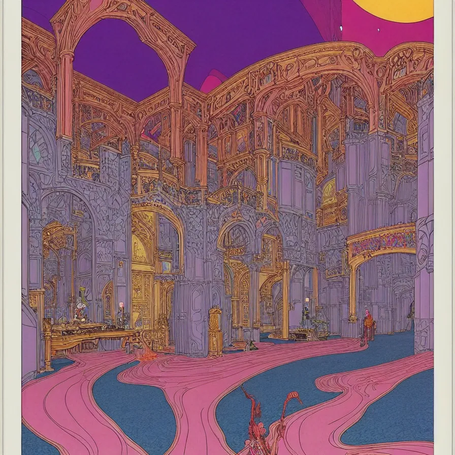 Image similar to ( ( ( ( inside of the huge castle, with decorative frame design ) ) ) ) by mœbius!!!!!!!!!!!!!!!!!!!!!!!!!!!, overdetailed art, colorful, artistic record jacket design