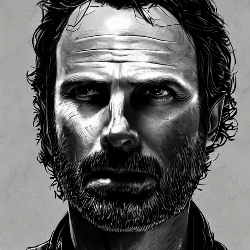 Prompt: rick grimes line art, the walking dead, medium shot, fantasy, medieval, vivid colors, elegant, concept art, sharp focus, digital art, Hyper-realistic, 4K, Unreal Engine, Highly Detailed, HD, Dramatic Lighting by Brom, trending on Artstation