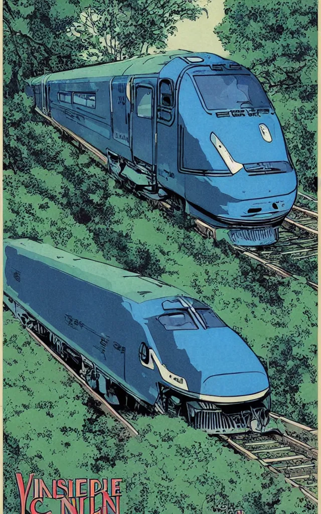 Prompt: blue and green train in the country, vintage poster, moebius style,