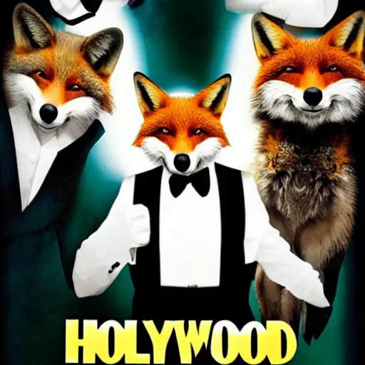 Image similar to hollywood quality poster for an action movie about foxes in tuxedos stealing fried chicken, promotional media