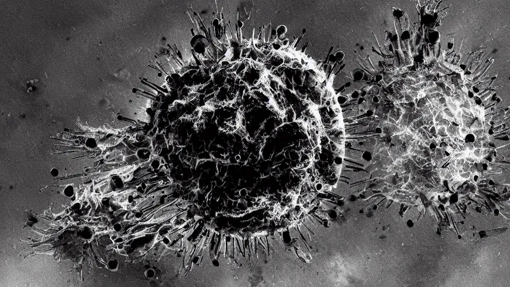 Image similar to beautiful microscope photo of a coronavirus through an electron microscope, dark, sinister, detailed, high contrast, art by Greg Rutkowski