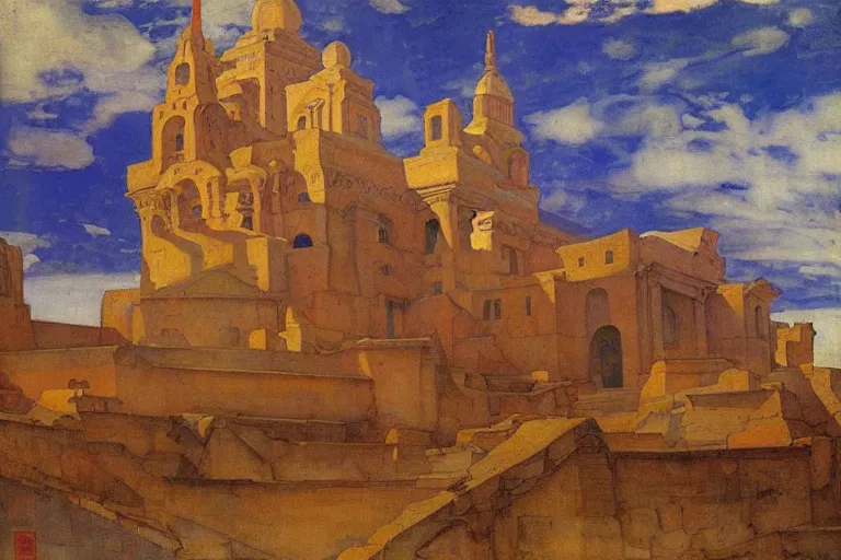 Prompt: ancient city by the sea by Annie Swynnerton and Nicholas Roerich, strong dramatic cinematic lighting , ornate architecture, lost civilizations, smooth, sharp focus, extremely detailed