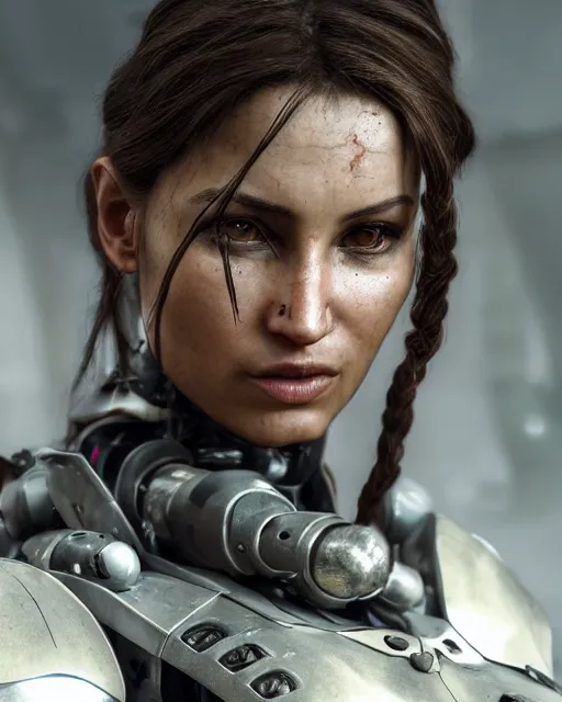 Image similar to centered portrait of soulful lara croft as a solarpunk mecha humanoid robotic parts wearing, with bright led lights, real human face, pudica gesture bouguereau style, in white room, ultra - realistic and intricate, soft portrait shot 8 k