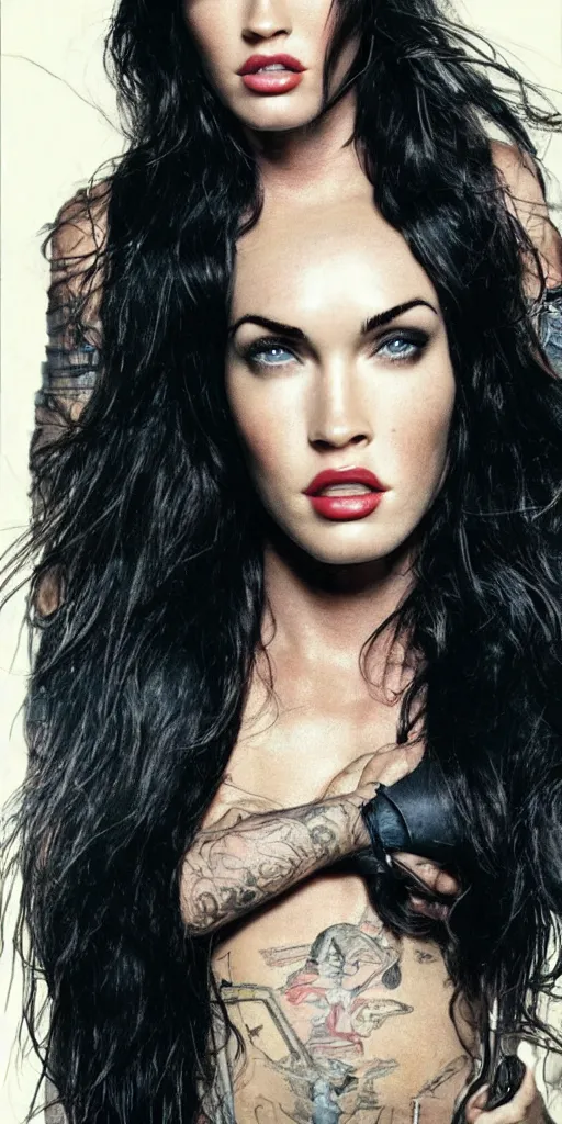 Image similar to Portrait of Megan Fox as a super hero, highly detailed, photographed by Annie Leibovitz.