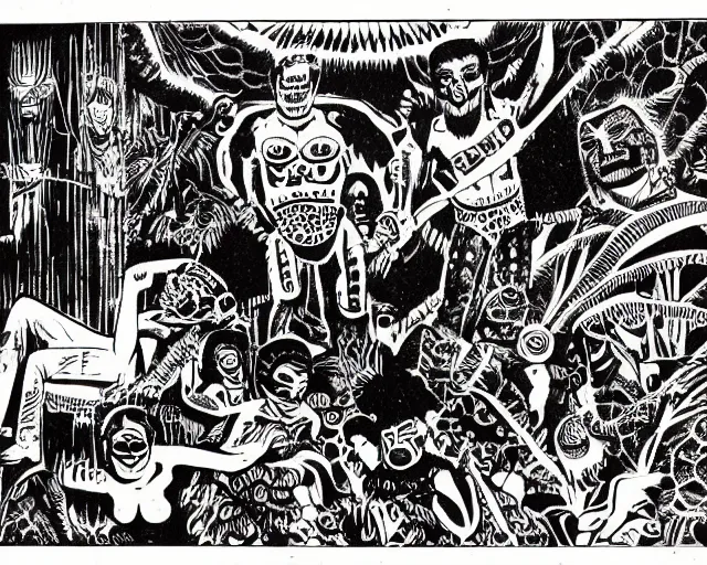 Image similar to ecstatic party in las pozas, mayan jaguar warrior, ink by frank miller and jose guadalupe posada, cut out collage, science fiction fanzine 1 9 6 7