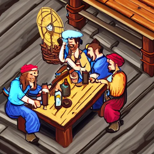 Prompt: important pirates drinking grog in a tavern table 16 bit