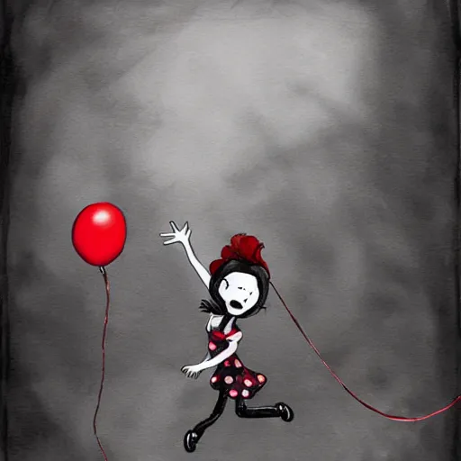 Image similar to grunge cartoon painting of a little girl playing with a jump rope with a wide smile and a red balloon by chris leib, loony toons style, pennywise style, corpse bride style, horror theme, detailed, elegant, intricate