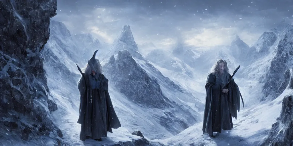 Image similar to a powerful wizard, gandalf in lord of the rings, casting a spell on a snowy mountain top, greg rutkowski, 8 k, shallow depth of field, intricate detail, concept art,