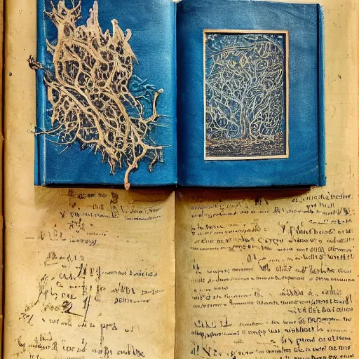 Image similar to a ancient rustic blue leather bound tome, standing open on a wooden stump in a jungle, pages showing their age, cryptic words and drawings visible, vines growing around, mystical lighting, fog, slight glow coming from inside the book