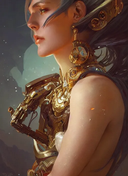 Image similar to beautiful humanoid android, fantasy, intricate, elegant, highly detailed, digital painting, artstation, concept art, matte, sharp focus, illustration, hearthstone, art by artgerm and greg rutkowski and alphonse mucha