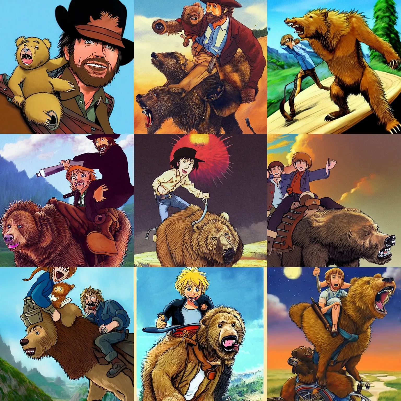 Prompt: highly realistic illustration of chuck norris riding his tamed grizzly bear in the style of howl's moving castle by miyazaki