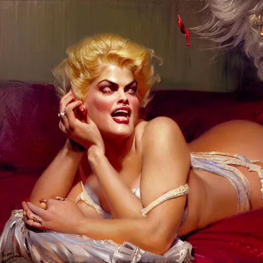 Prompt: anna nicole smith in her bed, nervous and terrified, because rip taylor is throwing confetti from a bucket at her. highly detailed painting by gaston bussiere, j. c. leyendecker, greg rutkowski, craig mullins 8 k