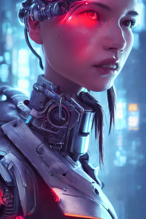 Image similar to beautiful close - up portrait of a cyborg mercenary girl, art by wlop and liam wong, cyberpunk, neon, combat armor, head and shoulders, intricate details, trending on artstation, sharp focus, caustics, octane render, radiant light, 4 k