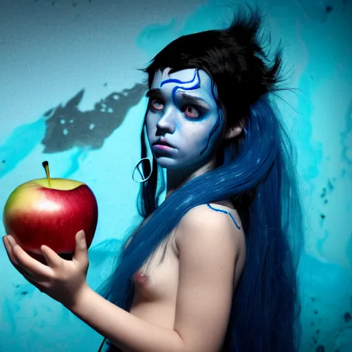 Prompt: a dnd Triton girl with blue skin and messy black hair in a pantry eating an apple, a little blue-skinned girl with messy black hair sharp pointed ears freckles along the ridges of her cheeks, dnd triton, high resolution film still, 4k, HDR colors