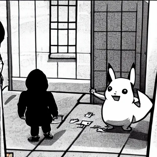 Image similar to CCTV footage of pikachu buying drugs from a random dude in a hoodie in an alley