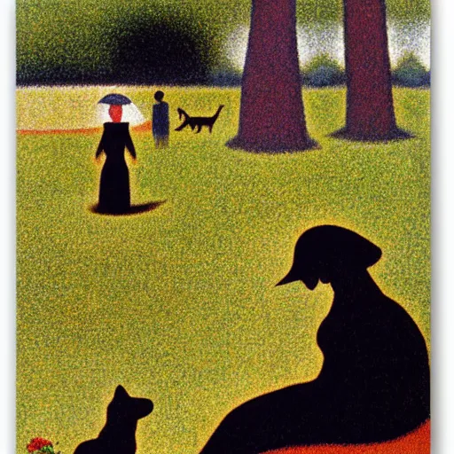 Image similar to a woman and her black and brown chihuahua in a park by georges seurat