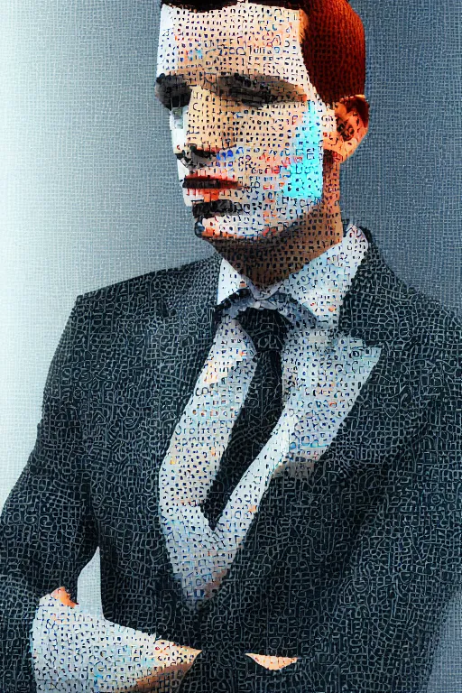 Image similar to man made of glitch art wearing a suit, game character, portrait, realism