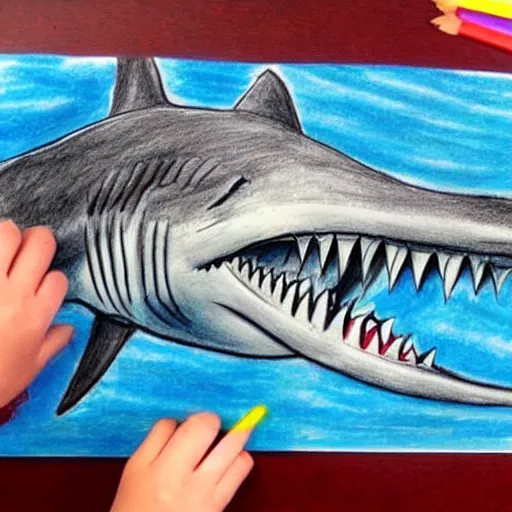 Image similar to hyper realistic children's drawing of a shark attack