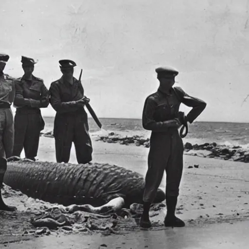 Image similar to 1940s photo, long shot, 5 soldiers looking at a huge creature washed up on a beach