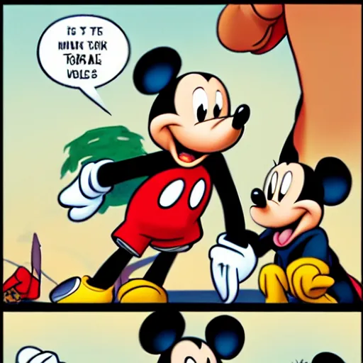 Image similar to Mickey Mouse talking with Master Splinter from TMNT, Disney style,