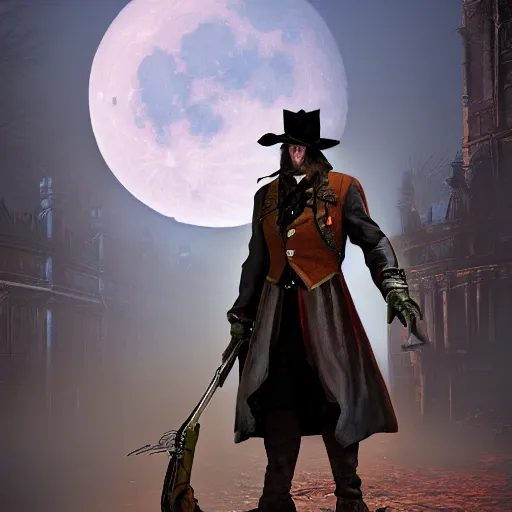 Image similar to a detailed 3 d render of darkwing duck dressed as the hunter from bloodborne, let's get dangerous, digital art, dark fantasy, concept art, soulslike, by alphonse mucha, blood moon eclipse, wherewolves in a ruined building in the background, artstation, 8 k, unreal engine render