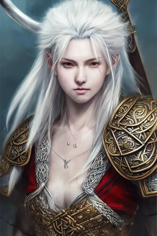 Image similar to A realistic anime portrait of a beautiful white haired female barbarian wearing an intricate viking armor, digital painting, by Stanley Artgerm Lau, Sakimichan, WLOP and Rossdraws, digital painting, painterly, Pixiv, Deviantart, golden ratio, rule of thirds, good composition, HD, 8k, award winning, promo art, splash art, rpg, jrpg, dungeons and dragons, DND, trending on ArtStation