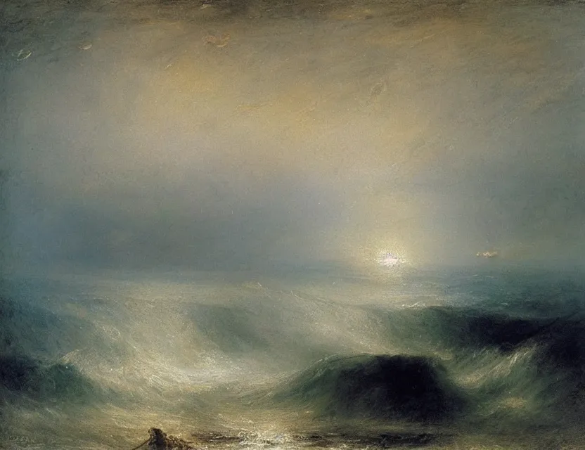 Prompt: sea, by JMW Turner, thick empasto oil paint, high textures, serene, cinematic, moonlight illuminating the scene