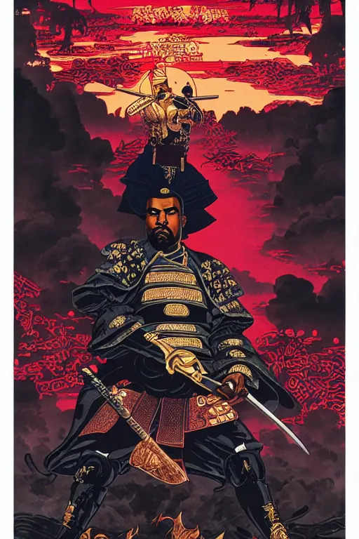 Prompt: poster of kanye west as a samurai, by yoichi hatakenaka, masamune shirow, josan gonzales and dan mumford, ayami kojima, takato yamamoto, barclay shaw, karol bak, yukito kishiro