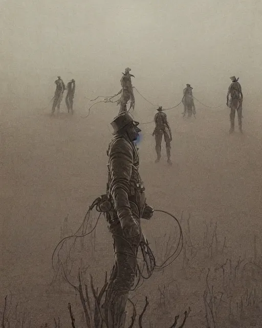 Prompt: cowboys vs kaiju, vintage old, sepia, retrofuturism sci - fi old movie, highly detailed, photorealistic, 8 k, by beksinski and stalenhag