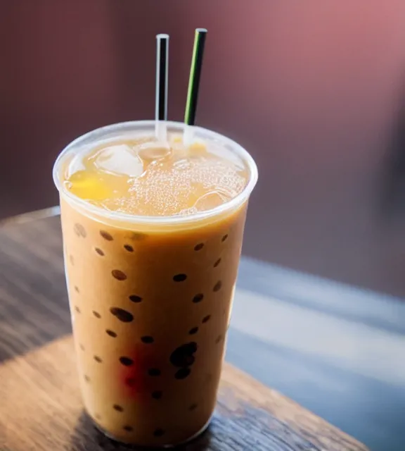 Prompt: a 4 k photorealistic photo close up of a glass of boba tea on a table