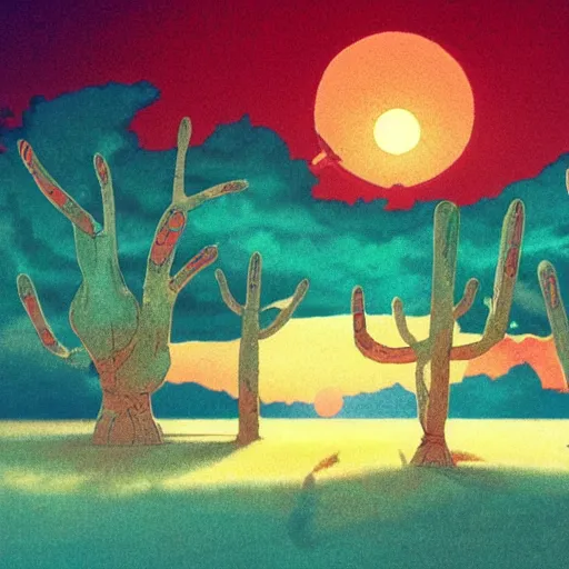 Image similar to desert scene, red sun, fantasy art, illustration, animated film, by studio ghibli