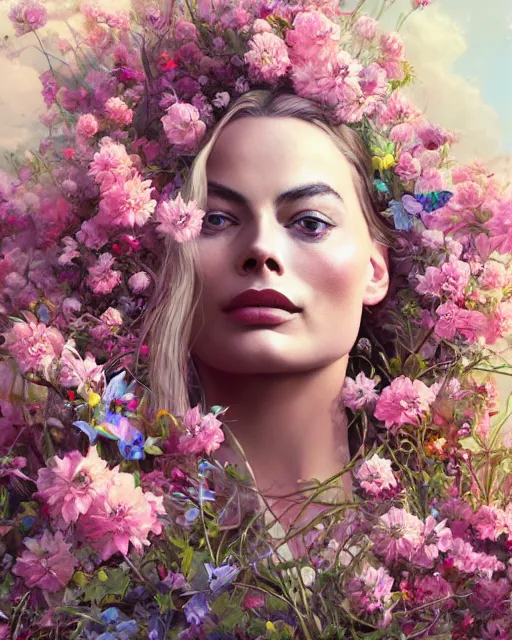 Image similar to portrait of margot robbie, surrounded by flowers by karol bak, james jean, tom bagshaw, rococo, sharp focus, trending on artstation, cinematic lighting, hyper realism, octane render, 8 k, hyper detailed.