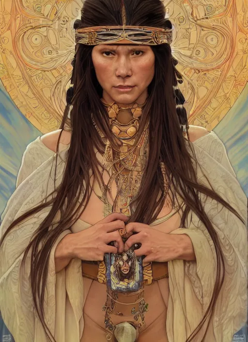 Prompt: Gina Tores as a beautiful native warrior woman, intricate, elegant, highly detailed, centered, digital painting, artstation, concept art, smooth, sharp focus, illustration, art by artgerm and donato giancola and alphonse mucha