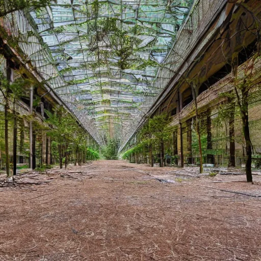 Prompt: photograph of pacific northwest forest inside an abandoned mall