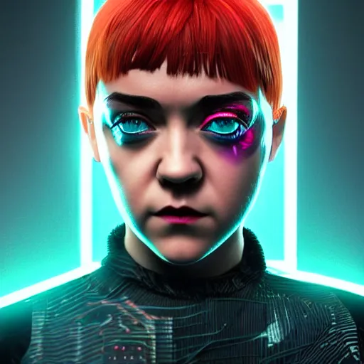 Image similar to Maisie Williams, neon face tattoo, cyberpunk background, straight hairstyle, white eyes, blonde hair, realistic render, short hair, unreal engine render, Icaro Carvalho
