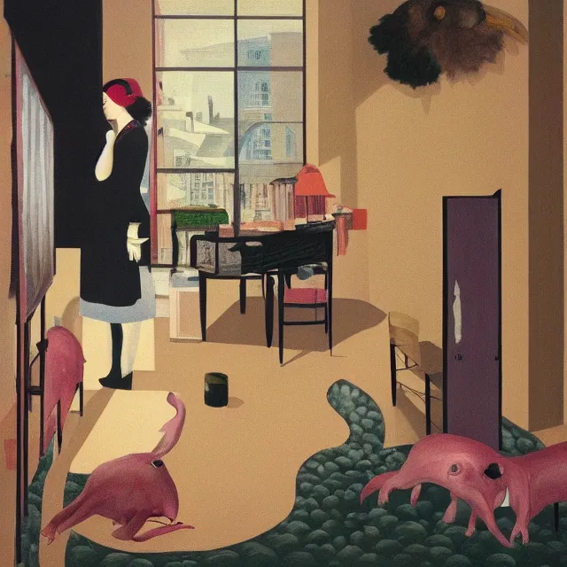 Image similar to female emo art student in her apartment, painting of flood waters inside an artist's feminine bedroom, a river flooding indoors, pomegranates, pigs, ikebana, water, octopus, river, rapids, waterfall, black swans, canoe, berries, acrylic on canvas, surrealist, by magritte and monet