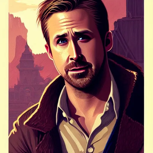 Image similar to Ryan Gosling face as Nathan Drake, western, D&D, fantasy, intricate, elegant, highly detailed, digital painting, artstation, concept art, matte, sharp focus, illustration, art by Artgerm and Greg Rutkowski and Alphonse Mucha