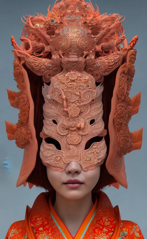 Prompt: 3 d goddess close - up profile portrait. beautiful intricate highly detailed korean gumiho mask and traditional hanbok. stingray, magpie, bio luminescent, plasma, lava, ice, water, wind, creature, artwork by tooth wu and wlop and beeple and greg rutkowski, octane 3 d render