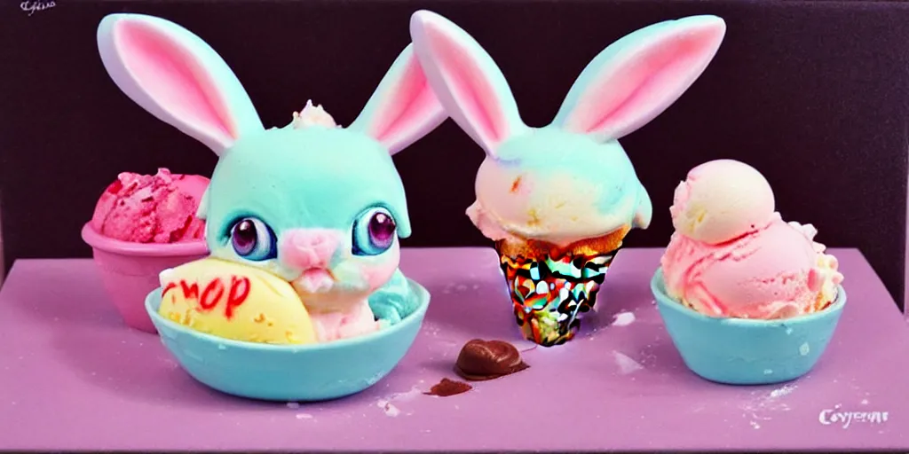 Image similar to ice cream made in the shape of 3 d littlest pet shop rabbit, bunny, realistic, melting, soft painting, desserts with chocolate syrup, toppings, ice cream, forest, master painter and art style of noel coypel, art of emile eisman - semenowsky, art of edouard bisson